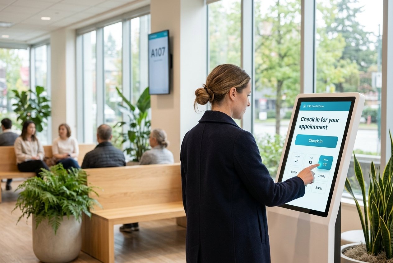 A patient checking in at a TSB Healthcare kiosk