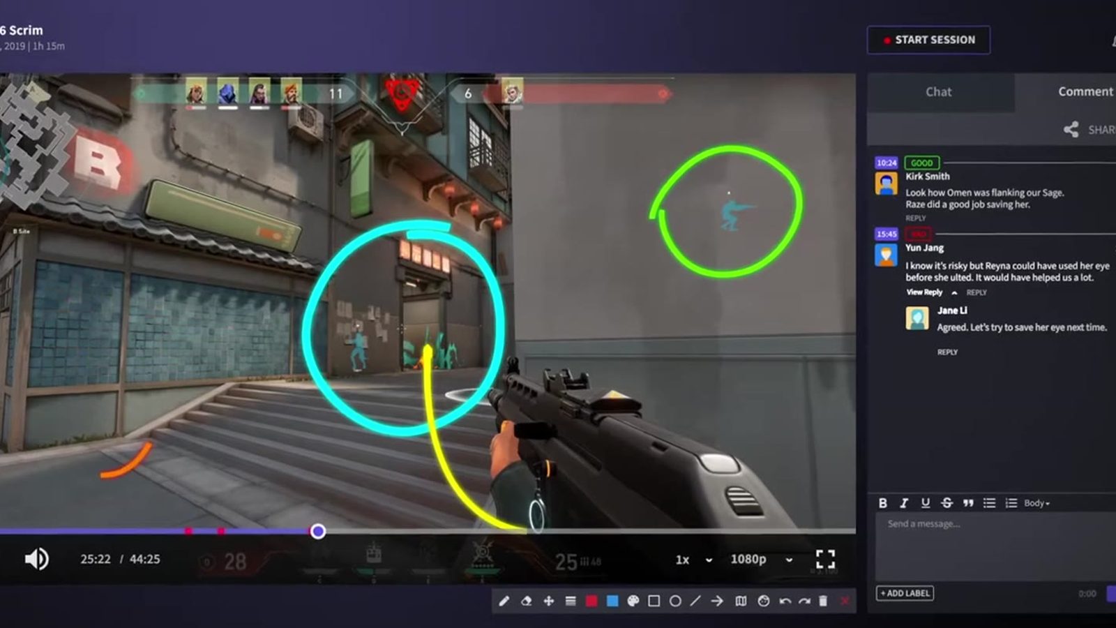 A replay marked up with drawings and comments
